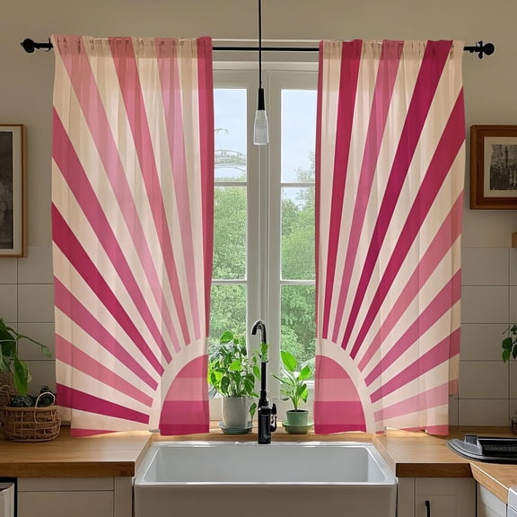 Aesthetic Pink Boho Kitchen Curtains 27.5x36 Inches Modern Rainbow Sun Window Treatments Funky 70S Abstract Cafe Small Short Curtain Retro Vintage Girls Bathroom Window Tiers Drapes 2 Panels