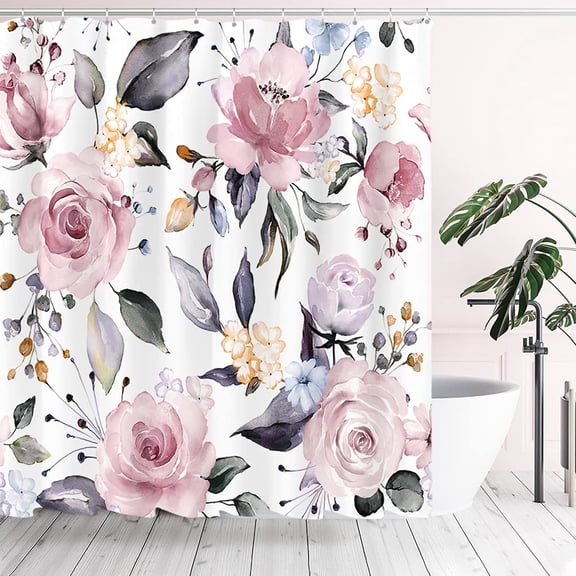 Aesthetic Pink Floral Shower Curtain Sets, Colorful Watercolor Flowers and Leaves Seamless Pattern Bathroom Decoration with Hooks 36"W x 72"L (Pack of 1)