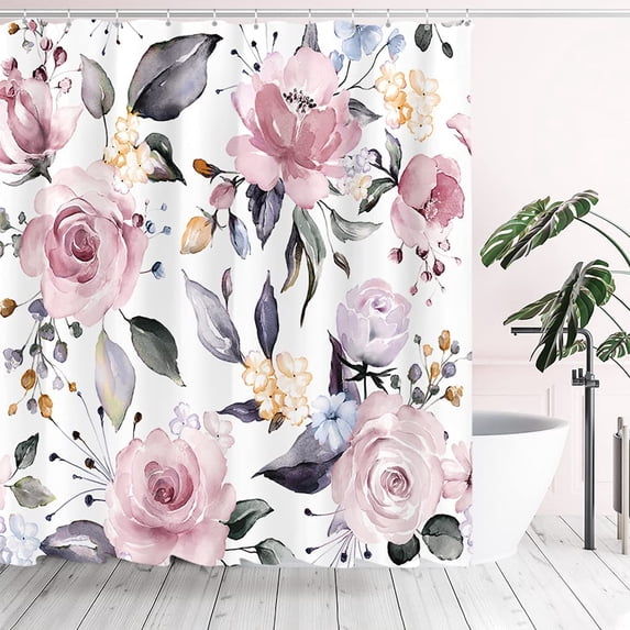 Aesthetic Pink Floral Shower Curtain Sets, Colorful Watercolor Flowers and Leaves Seamless Pattern Bathroom Decoration with Hooks 72"W x 72"L (Pack of 1)