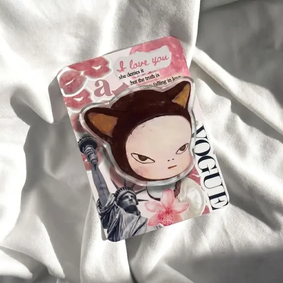 Aesthetic Pop Art Phone Grip - Angry Big Head Girl Acrylic Phone Holder - Pink Coquette Lip Collage Phone Stand - Edgy Harajuku Style Gift for Her