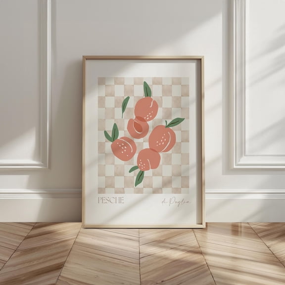 Aesthetic Poster Peach Print Checkered Kitchen Decor, Italian Kitchen Wall Art Peach Art, Retro Fruit Poster Peaches Unframed Paper Print