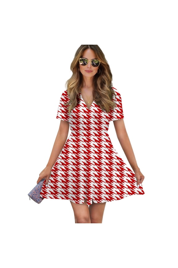 Aesthetic Raspberry Red And White Ripple Women Dress V-Neck Short Sleeve Flowy Swing Party Midi Dress