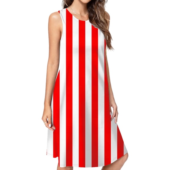 Aesthetic Red And White Vertical Casual Sleeveless Loose Sundress Dress For Women Summer Dress Daily Woman