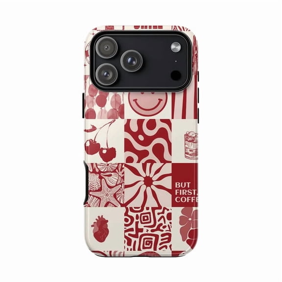 Aesthetic Red Checkerboard Phone Case, Retro Cherry & Smiley Face Collage Design for iPhone 17 16 15 14 13 12 11 Pro Plus Mini