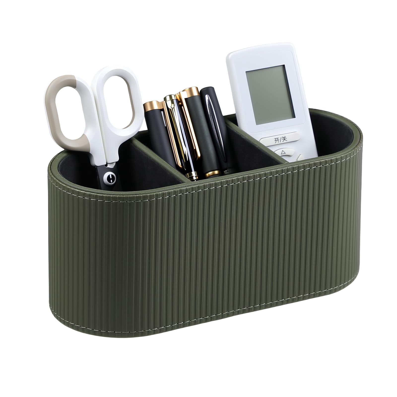 Aesthetic Remote Control Holder  Pu Leather Desktop Organizers With 3 Compartments For Home Office Supplies And Accessories Stylish Bedside Nightstand Organizer (green)