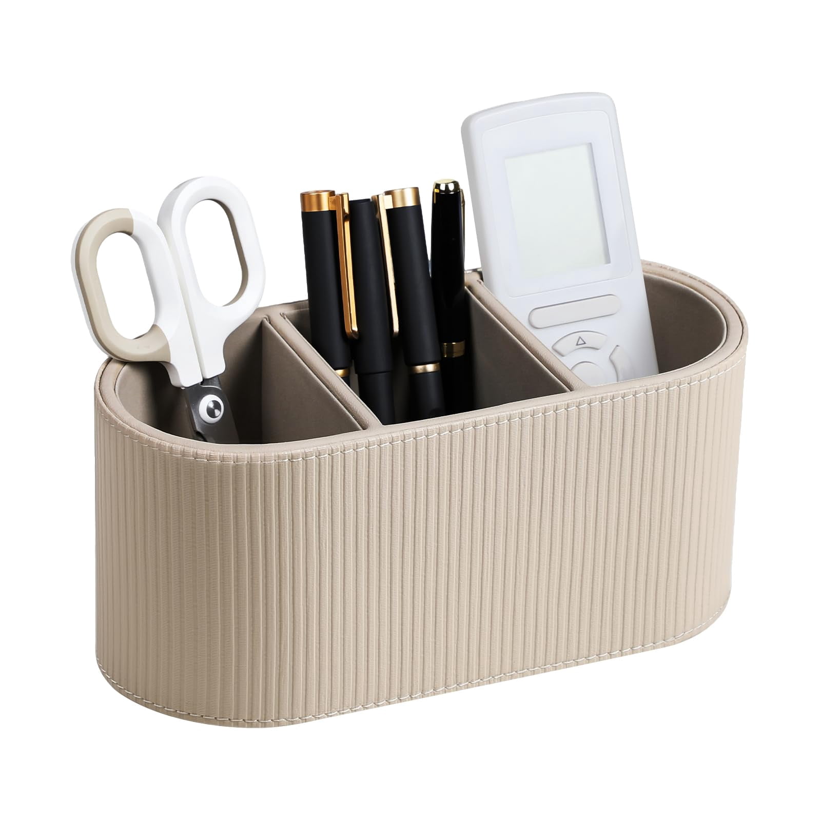 Aesthetic Remote Control Holder  Pu Leather Pen For Desk With 3 Compartments Home Office Supplies And Accessories Stylish Bedside Nightstand Desktop Organizer (beige)