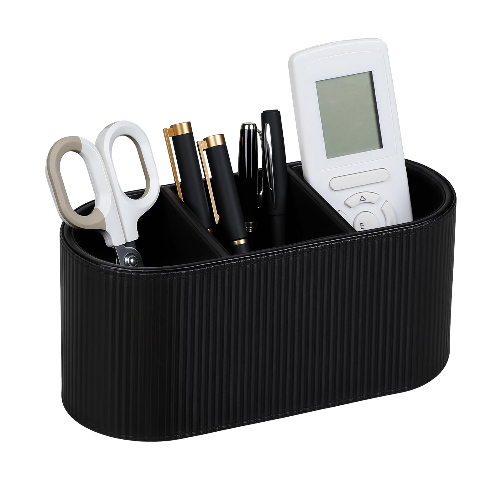 Aesthetic Remote Control Holder  Pu Leather Pen For Desk With 3 Compartments Home Office Supplies And Accessories Stylish Bedside Nightstand Desktop Organizer (black)