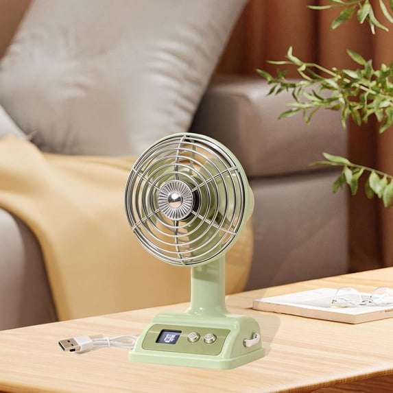Aesthetic Retro Desk Fan with Digital Display – USB Rechargeable Quiet Table Fan, Portable Mini Cooling Fan for Dorm Room, Office, Bedroom & Study Desk, Green