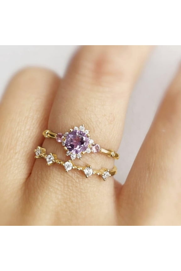 Aesthetic Retro Flower-like Veil Imitation Purple Zircon Small Fresh Ladies High-value Set of Rings