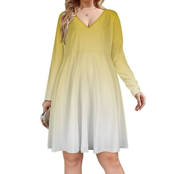 Aesthetic Sand Yellow And White Gradient Long Sleeve Dresses For Women Vintage Elegant Party Dress Oversized V-neck Dress S-8XL