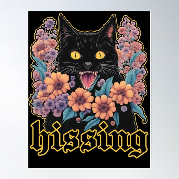 Aesthetic Scary Black Cat With Flowers Hissing Retro Gothic Poster Wall Art, Modern Wall Decor For Living Room Bedroom, 24x36 UNFRAMED