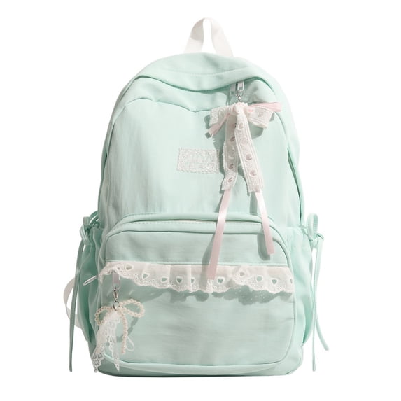 Aesthetic School Backpack with Lace Bow, Lace Trim School Backpack with Side Bowknot, Lightweight Computer Bag for Middle School College, Green