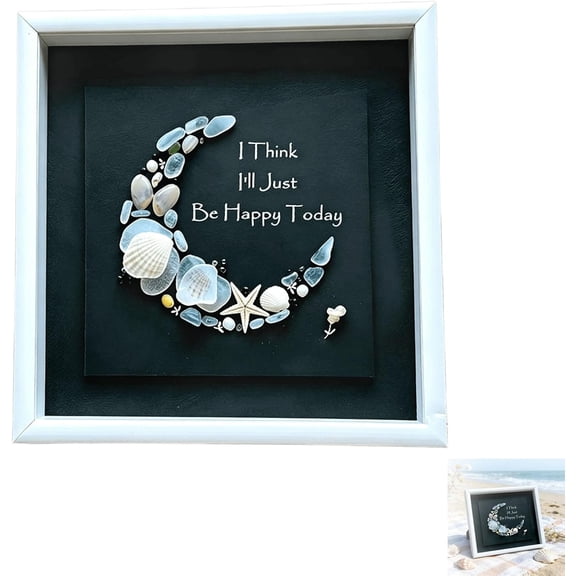 Aesthetic Sea Glass Moon Decor, 6x6" Modern Shadow Box Art for Shelf & Wall Display, Clean Minimalist Decor