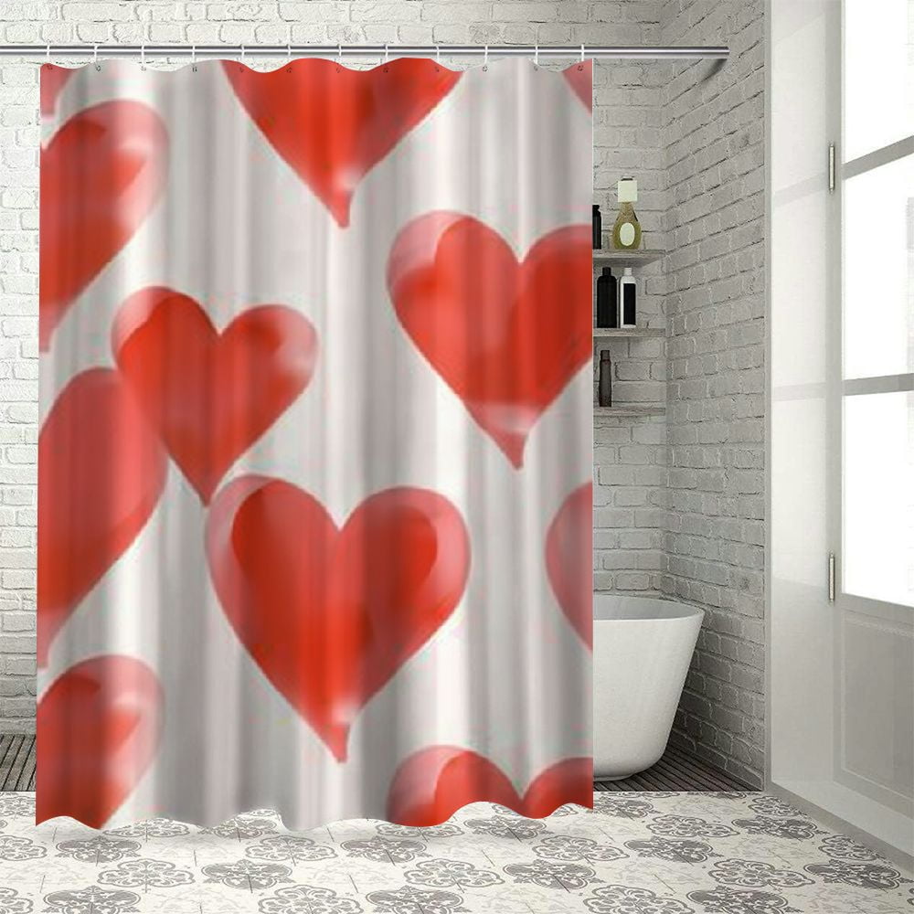Aesthetic Shower Curtain Set Dotted Classic Hearts Valentines Day Red