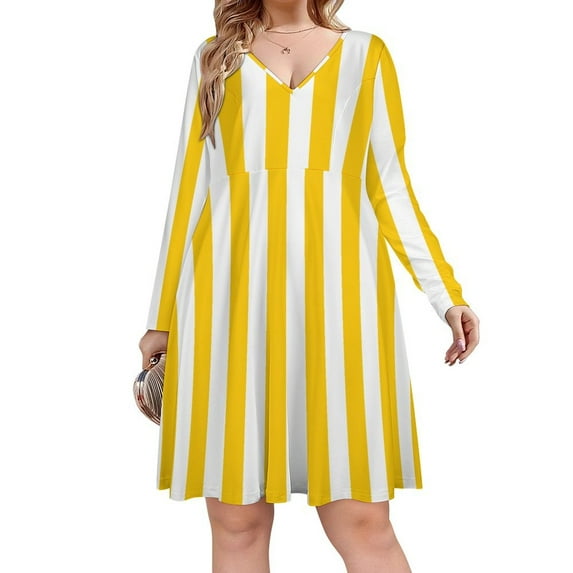 Aesthetic Signal Yellow And White Vertical Long Sleeve Dresses For Women Vintage Elegant Party Dress Oversized V-neck Dress S-8XL