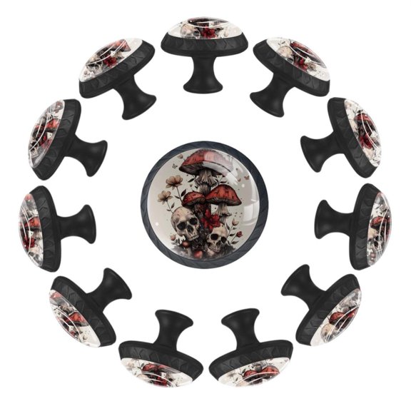 Aesthetic Skull Floral Mushroom 35MM Round Glass Cabinet Knobs, Kitchen Knobs for Drawer Dresser Cupboard Wardrobe Modern Pulls Handles Hardware, Set of 12