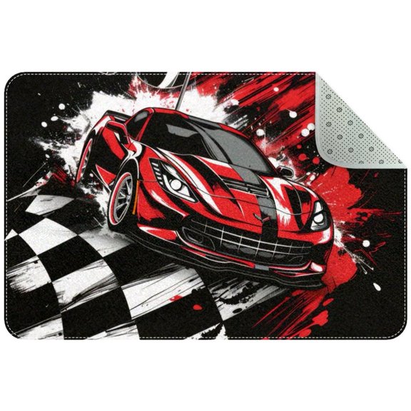 Aesthetic Speeding Racing Car with Checkered Flag Small Area Rug, Non-Slip Door Mat Indoor Floor Mat, Washable Kitchen Rug Entrance DMat for Bedroom Living Room