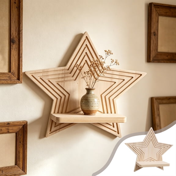 Aesthetic Star Shaped Wooden Floating Shelf Wall Mounted, Bohemian Layered Line Storage Display Rack for Plants Aromatherapy Bedroom