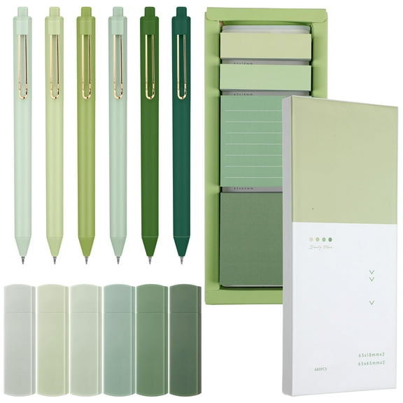Aesthetic Stationery Set Supplies Sticky Notes Set 6 Mini Correction Tapes 6 Retractable Black Ink Pens 0.5mm Fine Point Paper Corrective Pen Self Stick Index Tabs(Green)