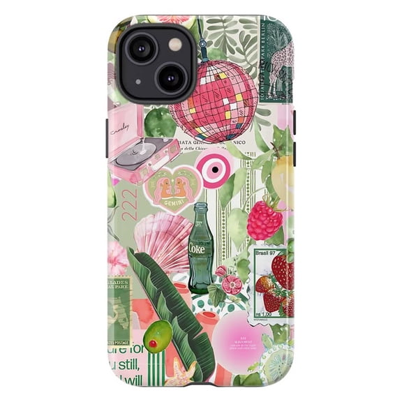Aesthetic Summer Collage Phone Case, Pink Disco Ball Retro Coke Bottle Fruit Stamp Cover for iPhone 17 16 15 14 13 12 11 Plus Pro Max Mini