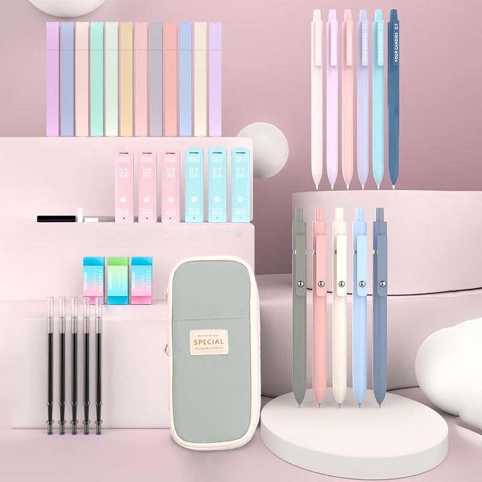 Aesthetic Supplies with Cute Pencil Case,6 Pencils,12 Pastel Highlighters,5 Gel Pens Black Ink,Mechanical Pencils for Stationary Set Preppy Stuff (Green)