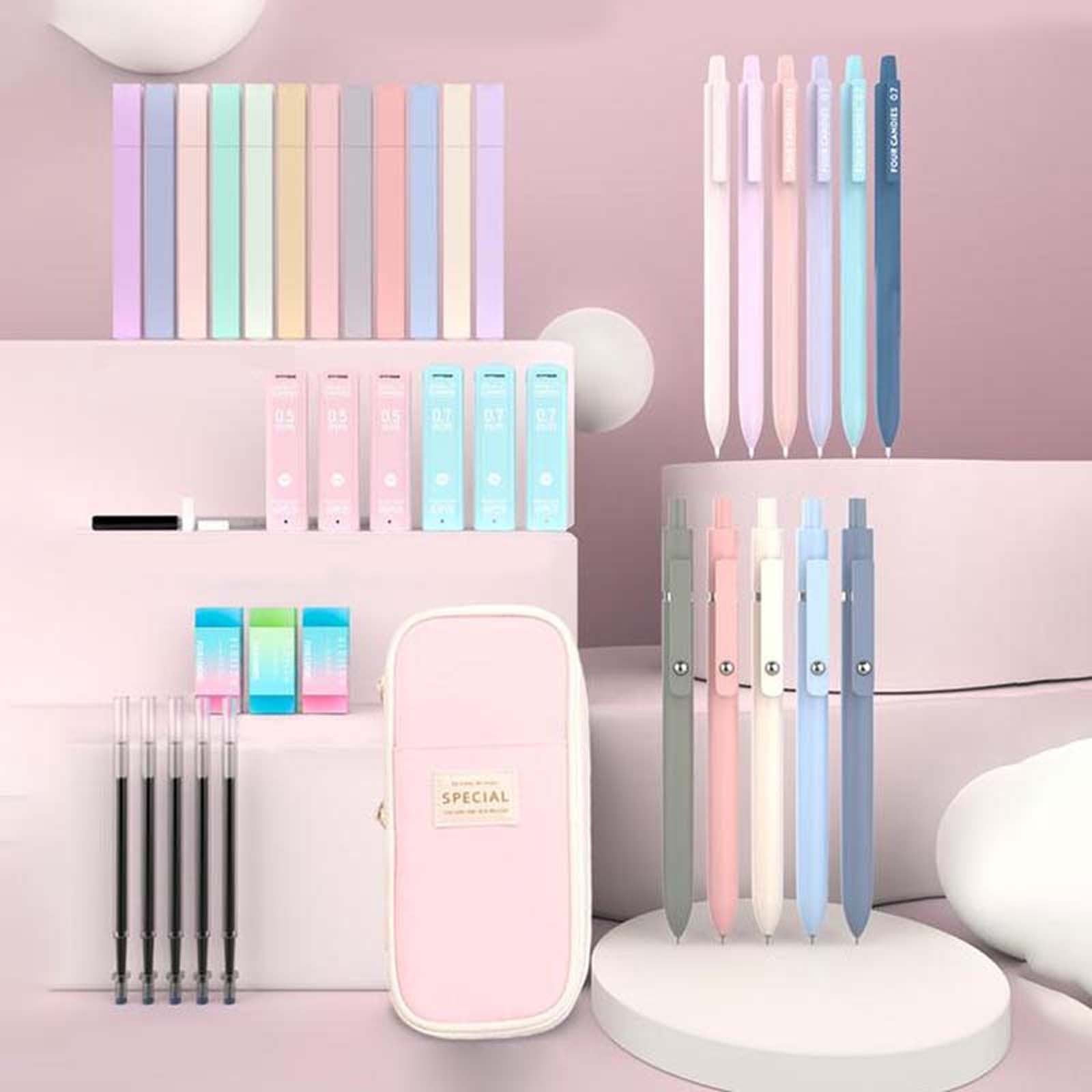 Aesthetic Supplies with Cute Pencil Case,6 Pencils,12 Pastel Highlighters,5 Gel Pens Black Ink,Mechanical Pencils for Stationary Set Preppy Stuff (Pink)