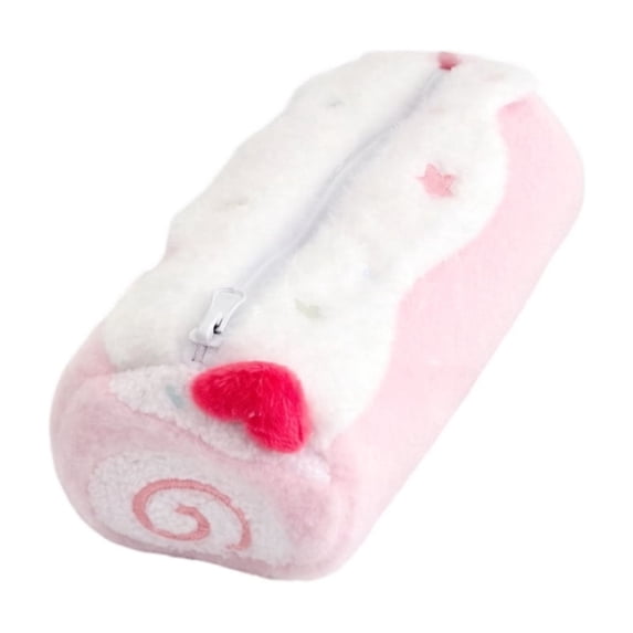 Aesthetic Sweet Swiss Roll Plush Pen Case, Fluffy Zipper Storage Pouch, Cute Cake Shaped Stationery Organizer Bag for Pens, Small Accessories & Makeup,Pink