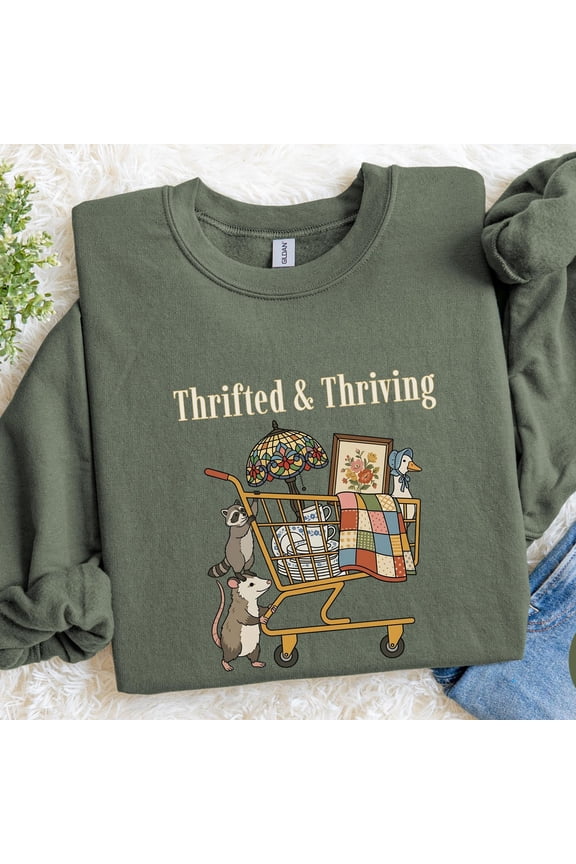 Aesthetic Thrifted Thriving TShirt Retro Antiquing Crewneck Funny Thrift Lover Gift Gildan