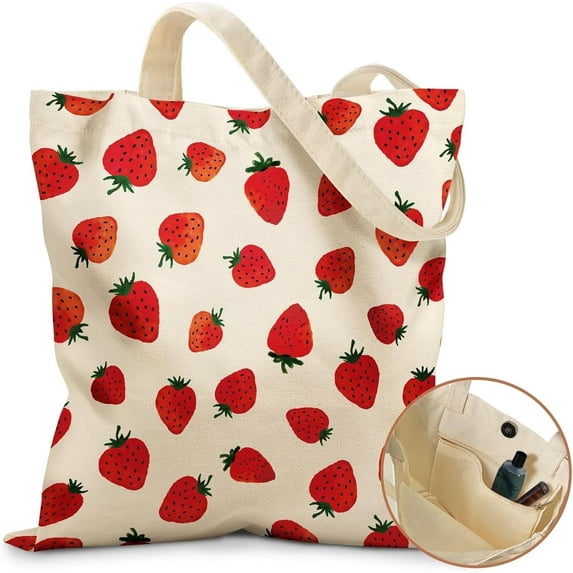 Lohol Aesthetic Tote Bag for Girls - with Magnetic Buckle and Zipper Inner Pocket for Women Lady Canvas Cotton Tote Bag Retro Strawberry