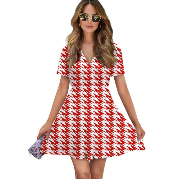Aesthetic Traffic Red And White Ripple Women Dress V-Neck Short Sleeve Flowy Swing Party Midi Dress