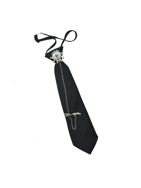 Aesthetic Vintage Pre Tied Necktie For Anime Punk Rock Outfit Uniform Black Neck Tie with Metal Arrows Chain