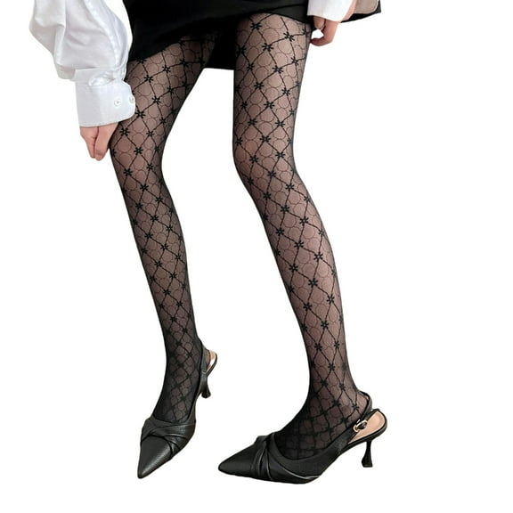 Aesthetic Vintage See Through Pantyhose Stockings Soft Sheer Mesh Tights with Plaids Flower Patterned Hosiery for Women
