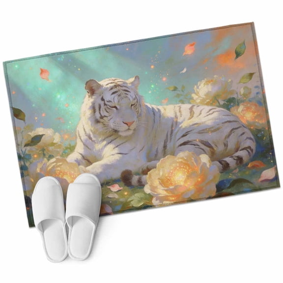 Aesthetic White Tiger Bathroom Rug Washable 2x3 Entryway Rug Non Slip Abstract Art Floral Ombre Front Door Mat Low Pile Indoor Doormat Throw Floor Carpet for Kitchen Bedroom Entrance
