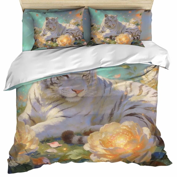 Aesthetic White Tiger Set of 4 Bedding Quilt Covers, Abstract Art Floral Ombre 4-Piece Bed Sheet Set with Extra Soft Bed Sheets Quilt Cover Pillowcase, Twin