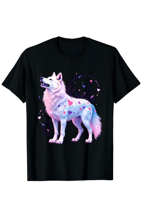 Aesthetic White Wolf Heart Graphic T-Shirt - Cute Pink and Purple Animal Lover Retro Tee for Men and Women