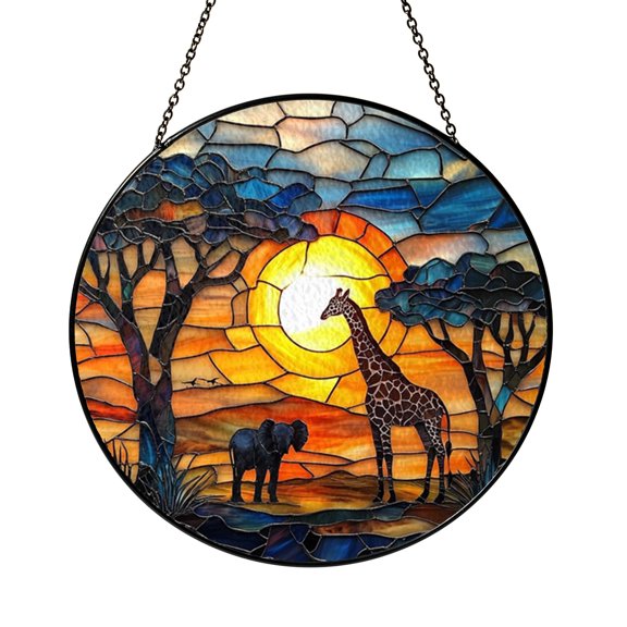 Aesthetic Wildlife Stained Glass Suncatcher For Window Decor, Imaginary Safari Sunset Hanging Art With Giraffe And Elephant, Decorative Nature Room Ornament, Unique Present For Art Lovers