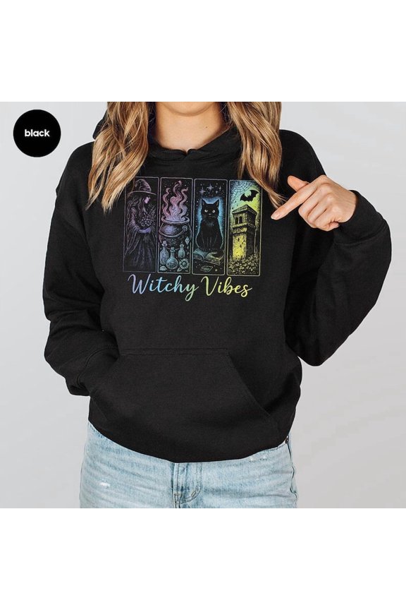 Aesthetic Witchy Vibes Hoodie, Mystical Cauldron Cat Castle Bat Spider Web Graphic Hoodie, Cute Magical Fall Season shirt, F106