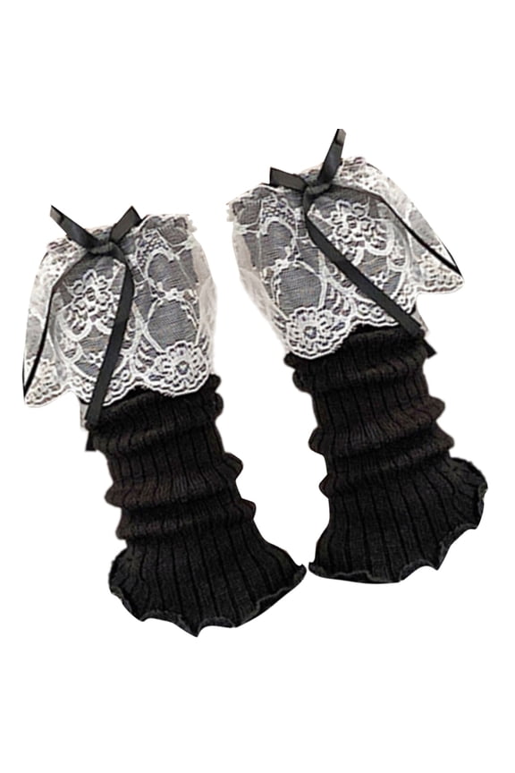 Aesthetic Women Girls Ribbed Knit Stretch Leg Warmer Socks Ruffled Lace Trim Spliced Bows Princess Leg Cover Boot Cuffs