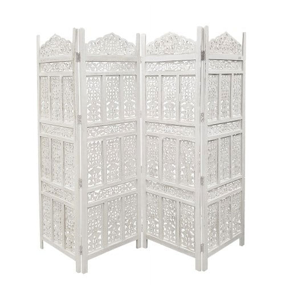 Aesthetically Carved 4 Panel Wooden Partition Screen Room Divider, Distressed White- Saltoro Sherpi