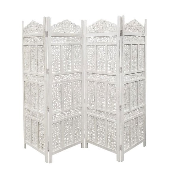 Aesthetically Carved 4 Panel Wooden Partition Screen/Room Divider- White
