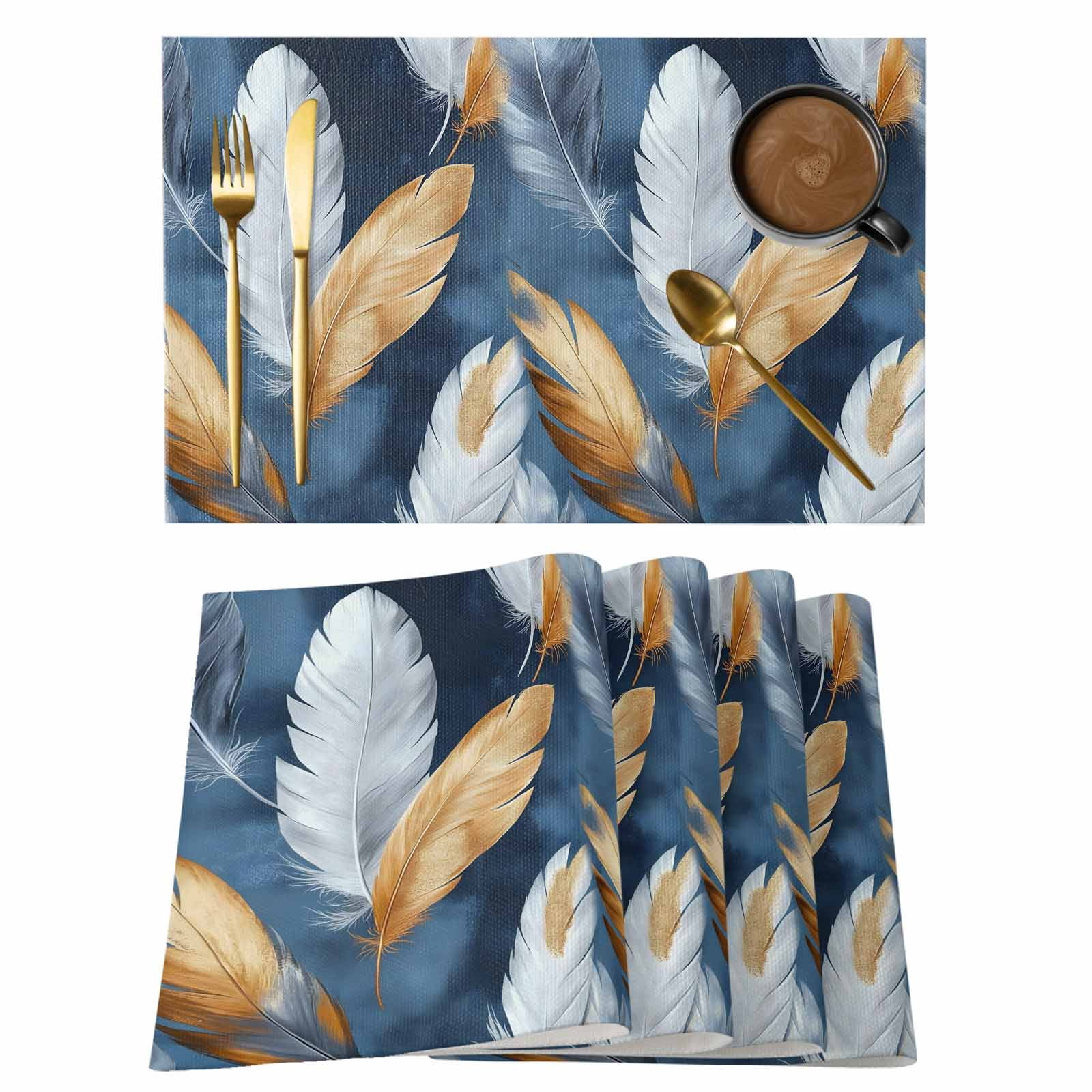 Aesthetics Feather Placemats Set of 12 Gold Blue White Modern Art ...