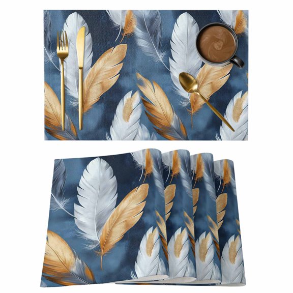 Aesthetics Feather Placemats Set of 4 Gold Blue White Modern Art Painting Place Mats Indoor Wipeable Table Mats Washable Cloth Dining Table Placemats for Kitchen Holiday Party Home Decor 13x19 Inch