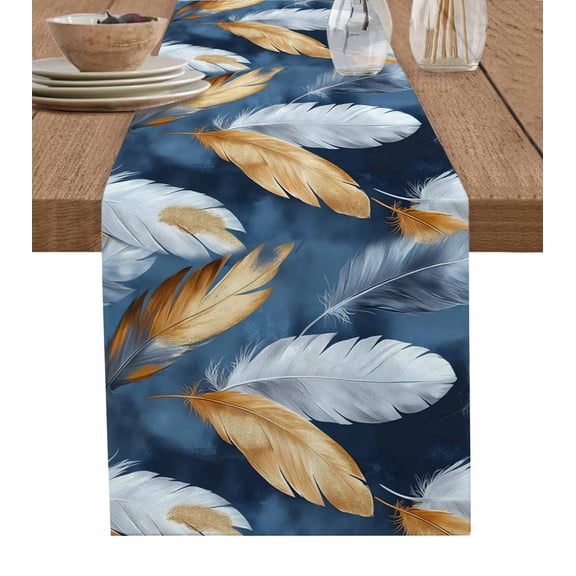 Aesthetics Feather Table Runner 36 Inches, Gold Blue White Modern Art Painting Bed Runner Dresser Scarves Tabletop for Indoor Outdoor Parties/Ceremony/Banquet, 13"x 36"