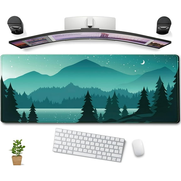 Aesthetics Sunset Mountains Green Desk Mat Mousepad, XL Large Gaming Mouse Pad, Cute Anime Moon Desk Pad Mouse Mat Girl Women Office Desk Decor Laptop Keyboard Mat with Stitched Edges 31.5''x11.8''