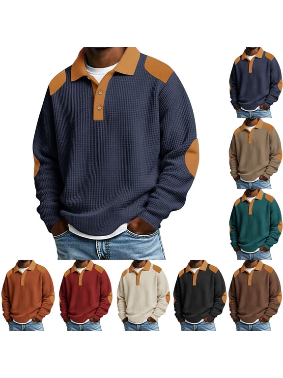 Big and Tall Men's Collared Long Sleeve Shirt, Elbow Patch Pullover Top, Solid Casual Blouse, Button Closure Padded Elbows Embossed Regular Fit for Work Vacation Leisure, Red 3XL
