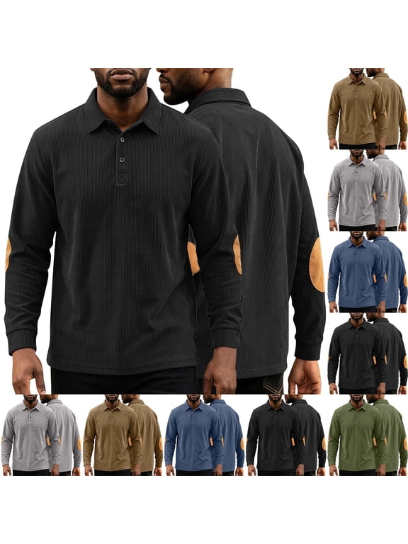 Men's Collared Long Sleeve Shirt, Elbow Patch Pullover Top, Chest Pocket Blouse, Casual Workwear with Padded Elbows and Embossed Detail for Vacation Work Leisure, Black 2XL