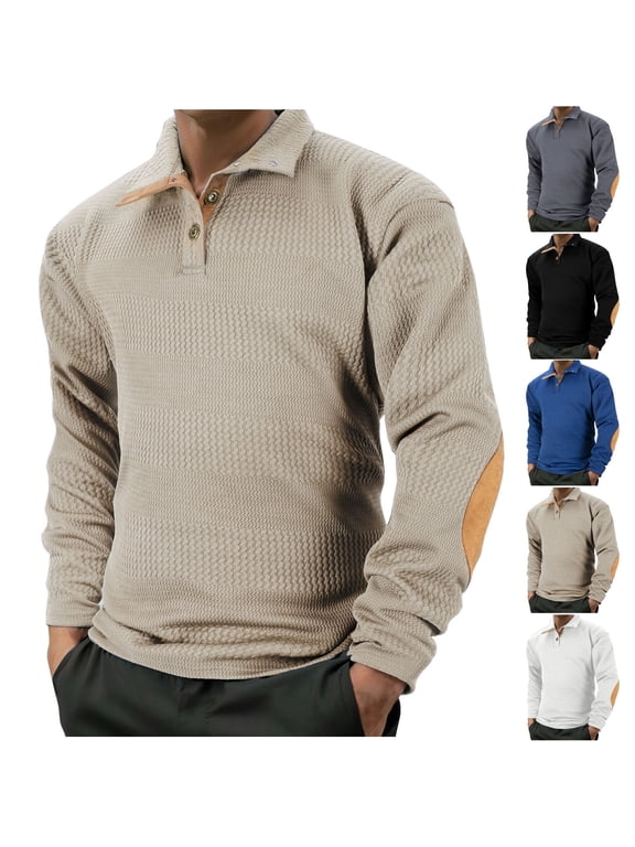 Men's Collared Long Sleeve Shirt, Elbow Patch Pullover Top, Embossed Texture Blouse, Button Casual Workwear for Vacation Work Leisure, Black 2XL