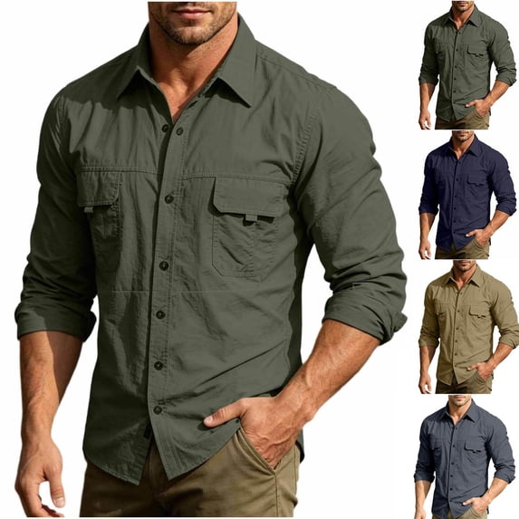 Aestivo Men's Collared Neck Long Sleeve Shirt, Multi-Pocket Solid Top, Casual Workwear Outerwear for Work Outdoor, Army Green L