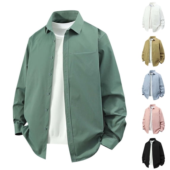 Aestivo Men's Collared Neck Long Sleeve Shirt, Solid Button Top, Casual Oversized Outerwear for Work Vacation Leisure, White L