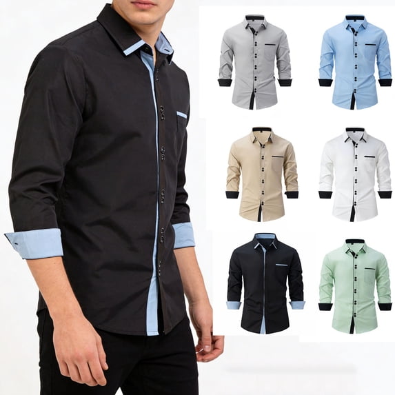 Aestivo Men's Collared Neck Solid Shirt, Casual Long Sleeve Top, Slim Fit Button-Up Blouse with Exterior Pocket for Casual Work, Black L